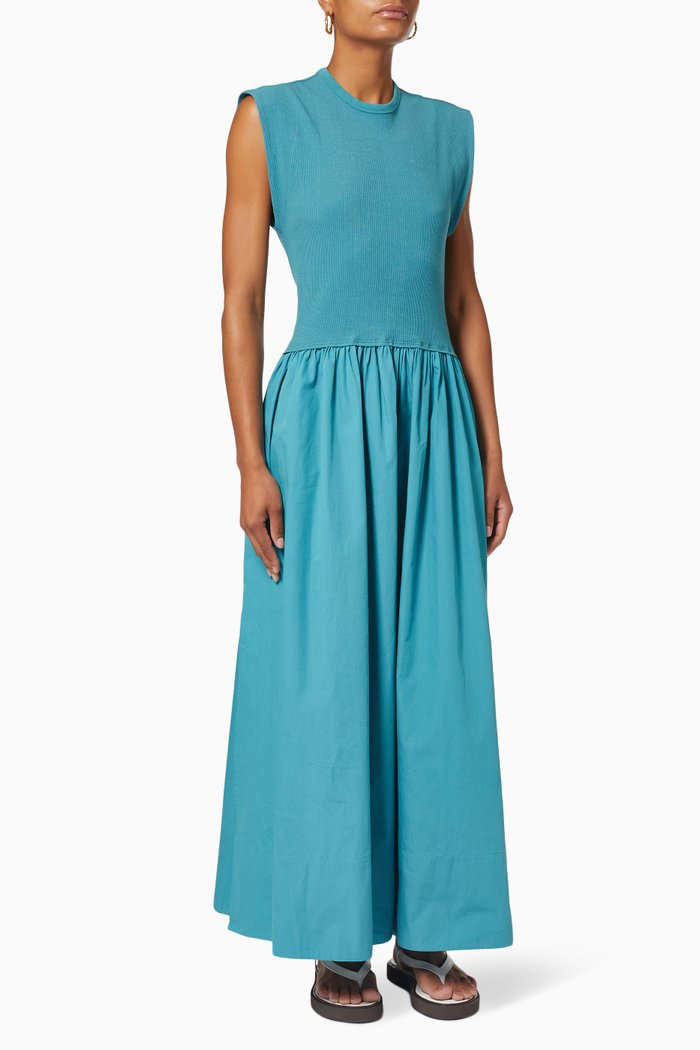 

Turnback Longerline Tank Dress in Cotton Poplin, Blue