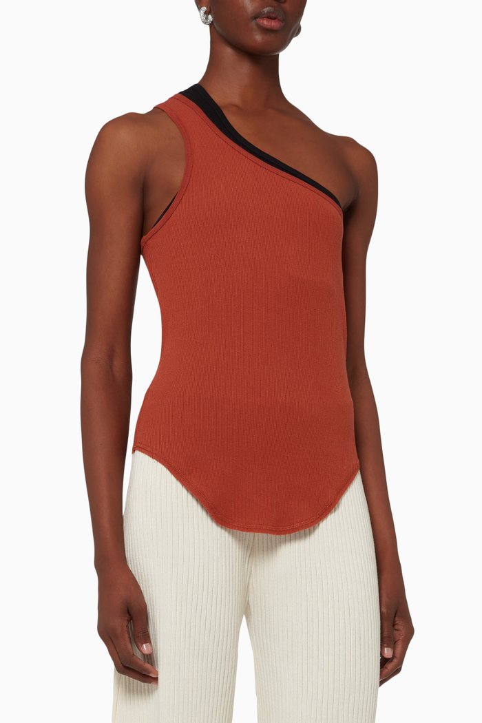 

Contrast One Shoulder Tank Top in Cotton Rib, Red
