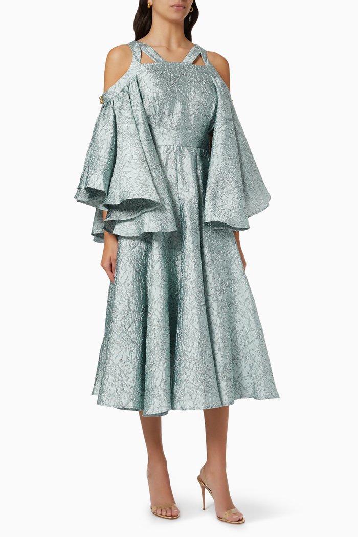 Flared Dress in Metallic Jacquard, Blue