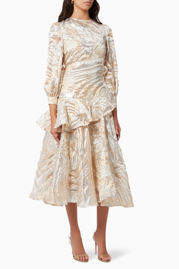 

Asymmetric Peplum Dress in Metallic Jacquard, Gold