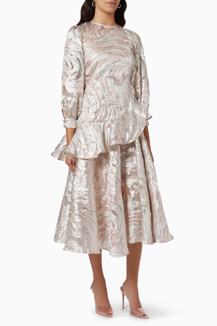 

Asymmetric Peplum Dress in Metallic Jacquard, Pink