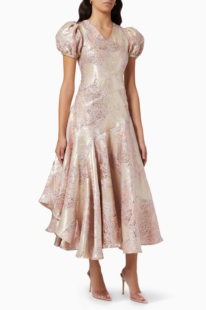 Puff Sleeve Dress in Metallic Jacquard, Rose gold