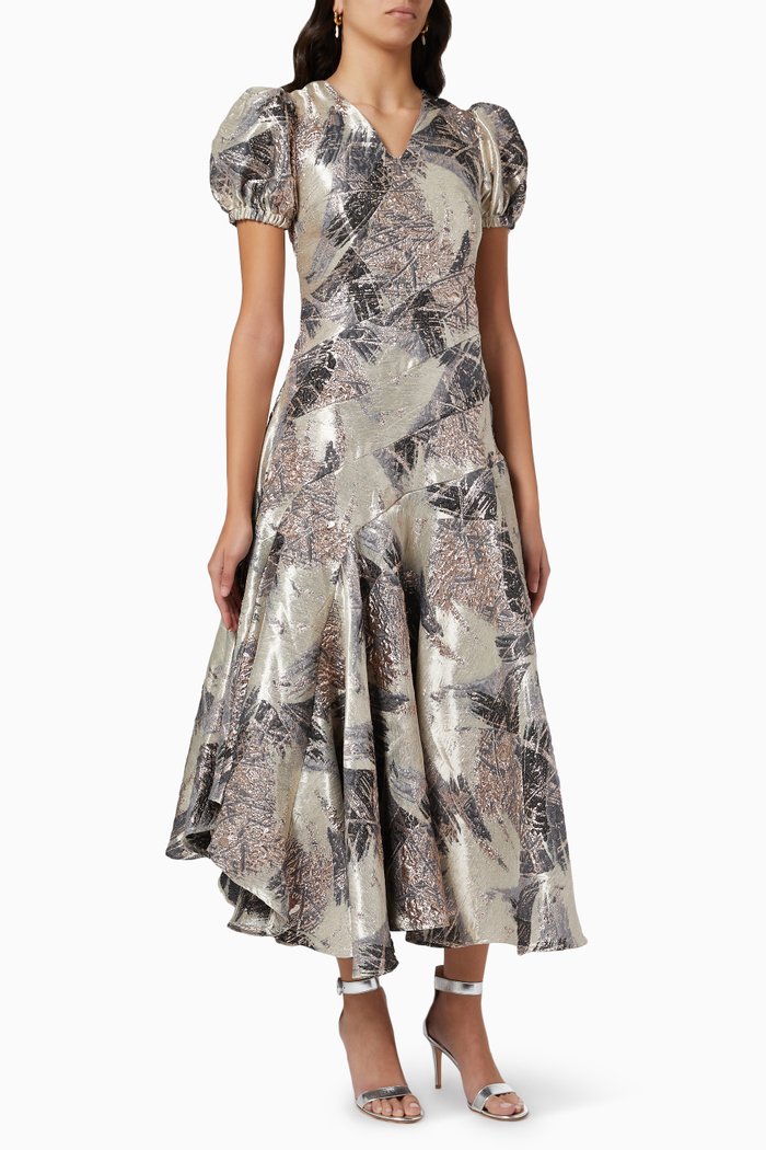 

Puff Sleeve Dress in Metallic Jacquard, Black