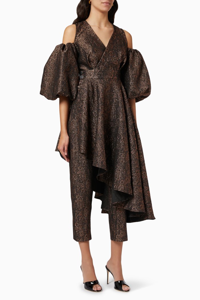 

Asymmetric Frill Jumpsuit in Metallic Jacquard, Black