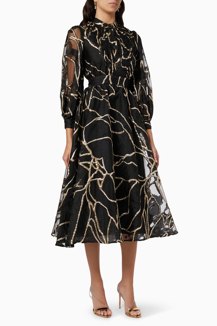 

Puff Sleeve Dress in Metallic Jacquard, Black