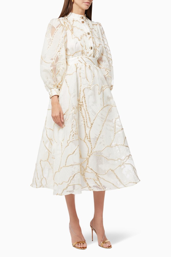 

Puff Sleeve Dress in Metallic Jacquard, Gold