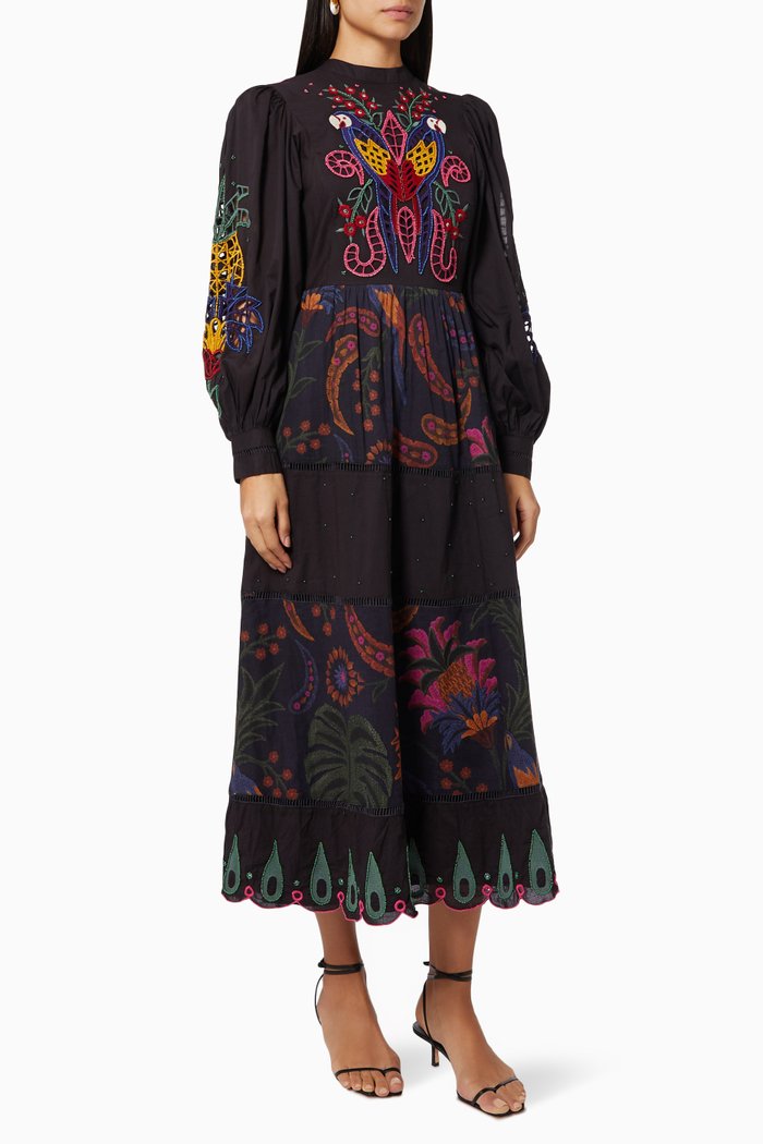 

Tropical Tapestry Embroidered Midi Dress in Cotton, Blue
