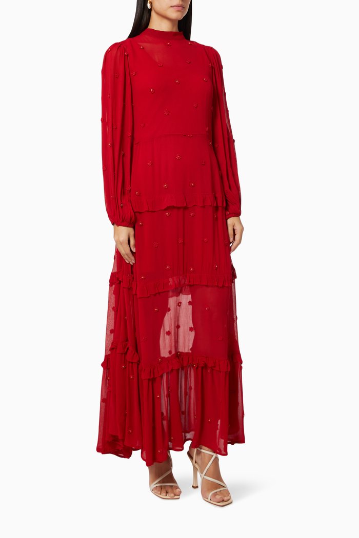 

3D Floral Dress in Viscose, Red