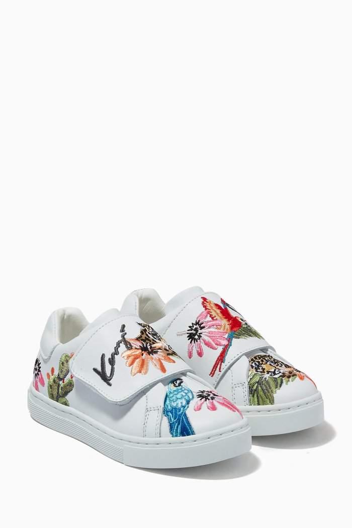 

Embroidered Tiger & Bird Sneakers in Leather, White