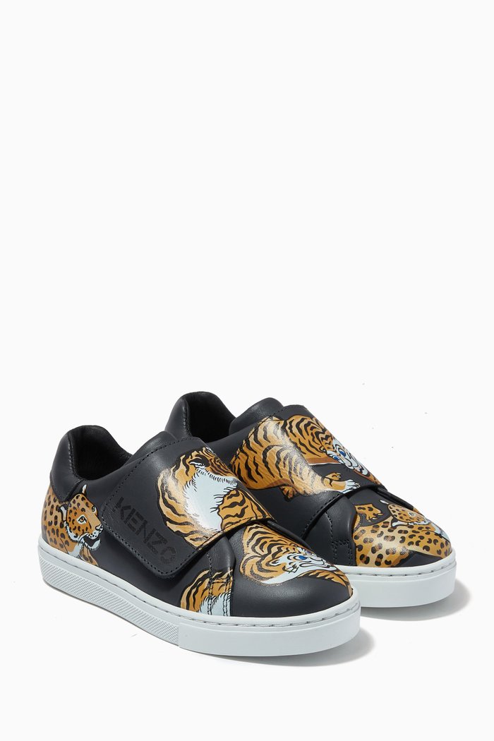 

All-over Tiger Print Sneakers in Leather, Grey