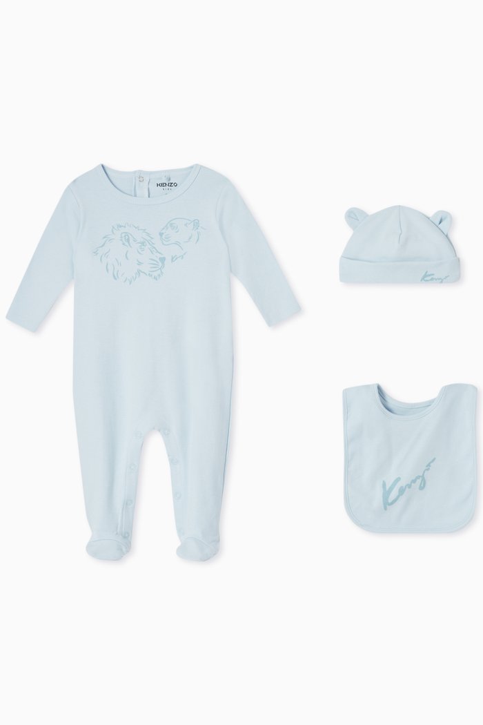 

Lion Print Pyjamas, Hat & Bib Set in Organic Cotton, Blue