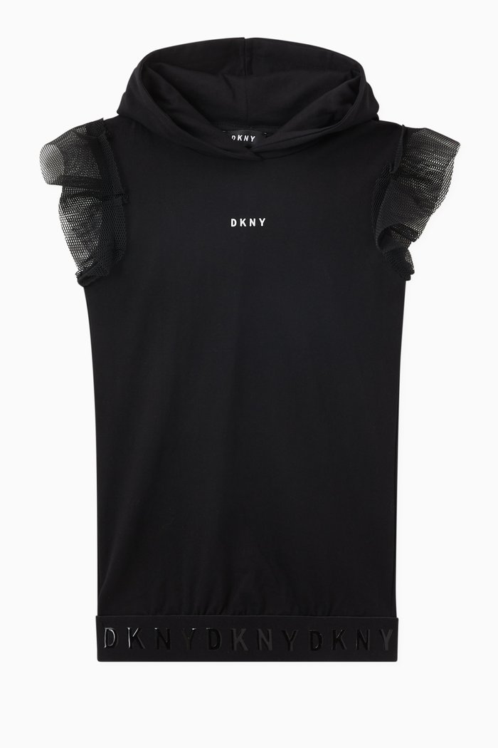 

Hooded Dress with Ruffle Trim in Cotton, Black
