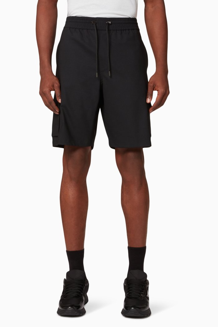 

Loose Low-rise Cargo Shorts in Wool Jersey, Black