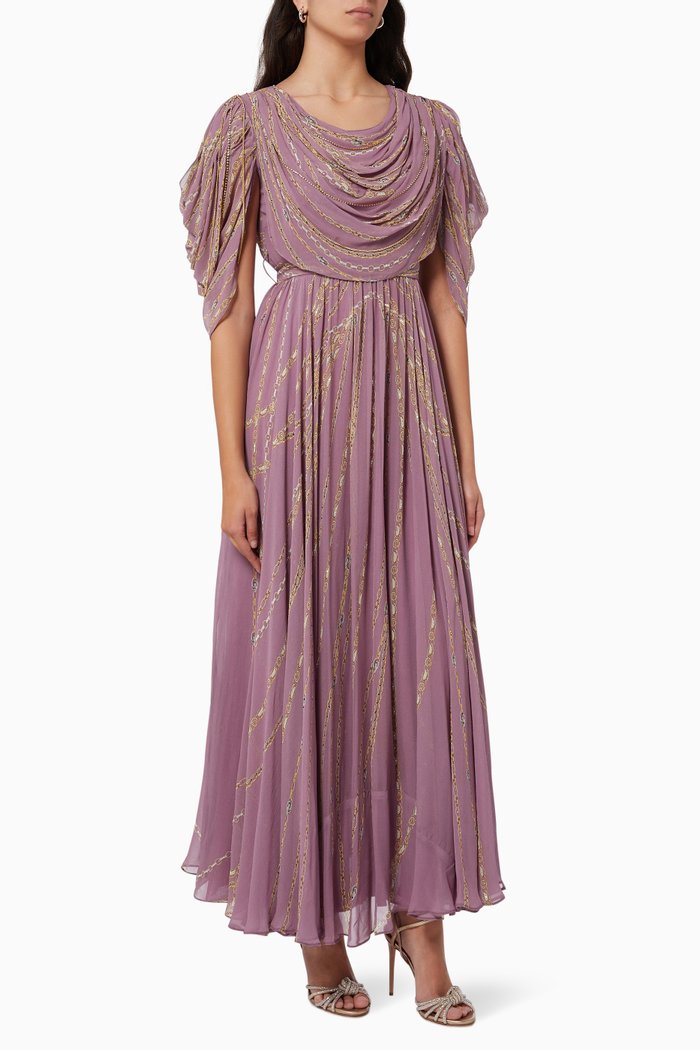 

Chain Link Embellished Maxi Dress in Chiffon, Purple