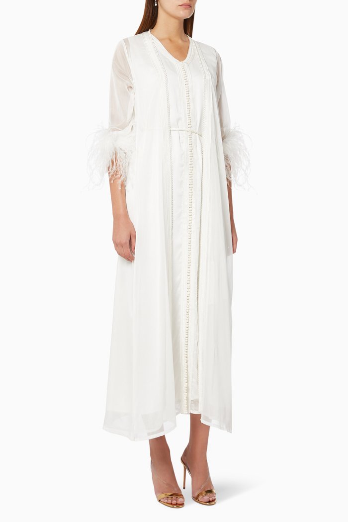 Pearly Feathered Kaftan Set, White