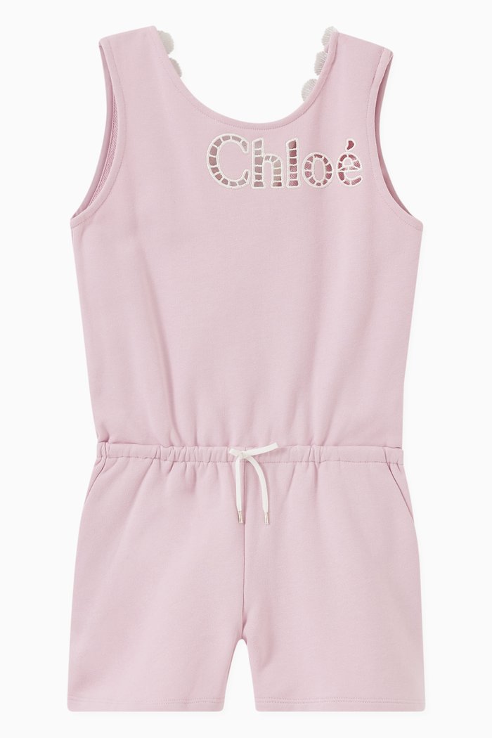 

Embroidered Logo Playsuit in Cotton, Purple