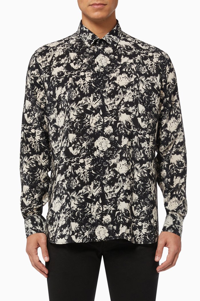 

Classic Floral Shirt in Mulberry Silk Crêpe de Chine, Black