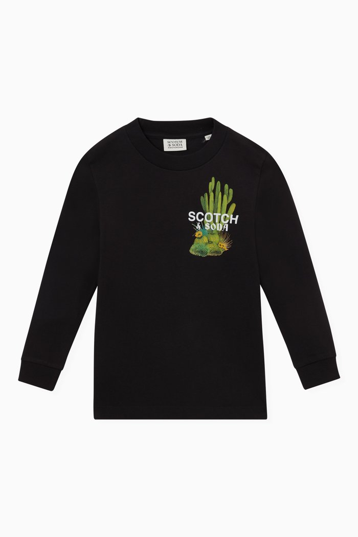

Graphic Print Long-Sleeve T-Shirt in Cotton, Black