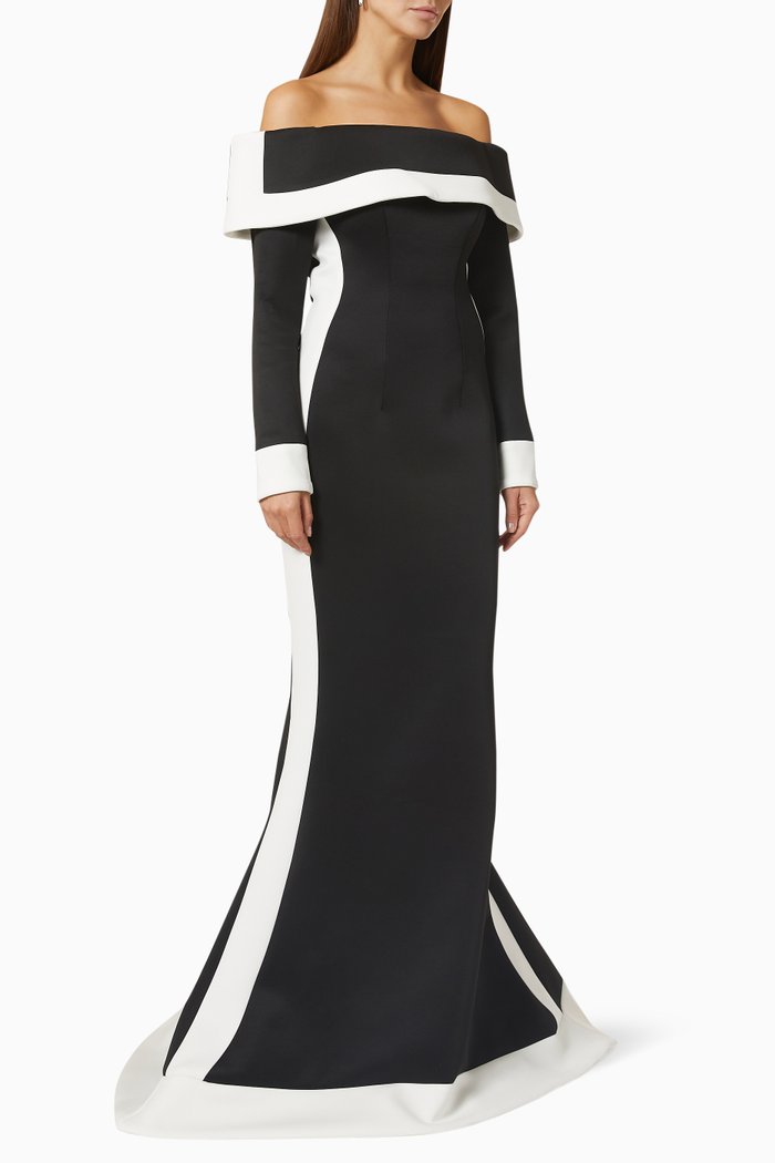 Contrast Off Shoulder Gown in Scuba Knit, Black