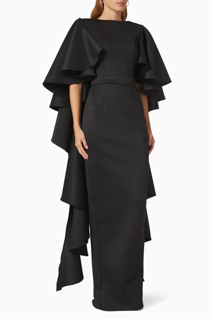 

Asymmetric Ruffle Sleeve Dress in Scuba, Black