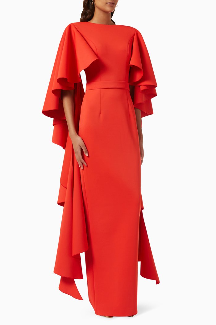 

Asymmetric Ruffle Sleeve Maxi Dress in Scuba, Red