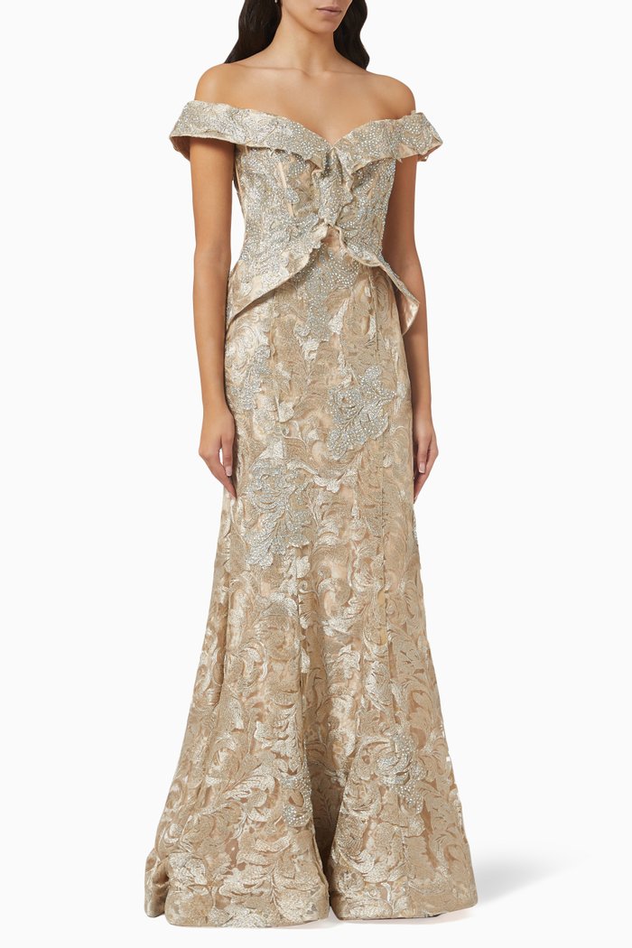 

Off-shoulder Peplum Gown in Embellished Lace, Gold
