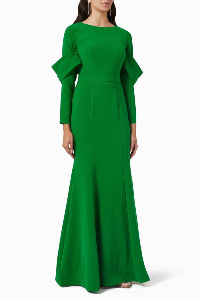 

Long Sleeve Gown in Crepe, Green