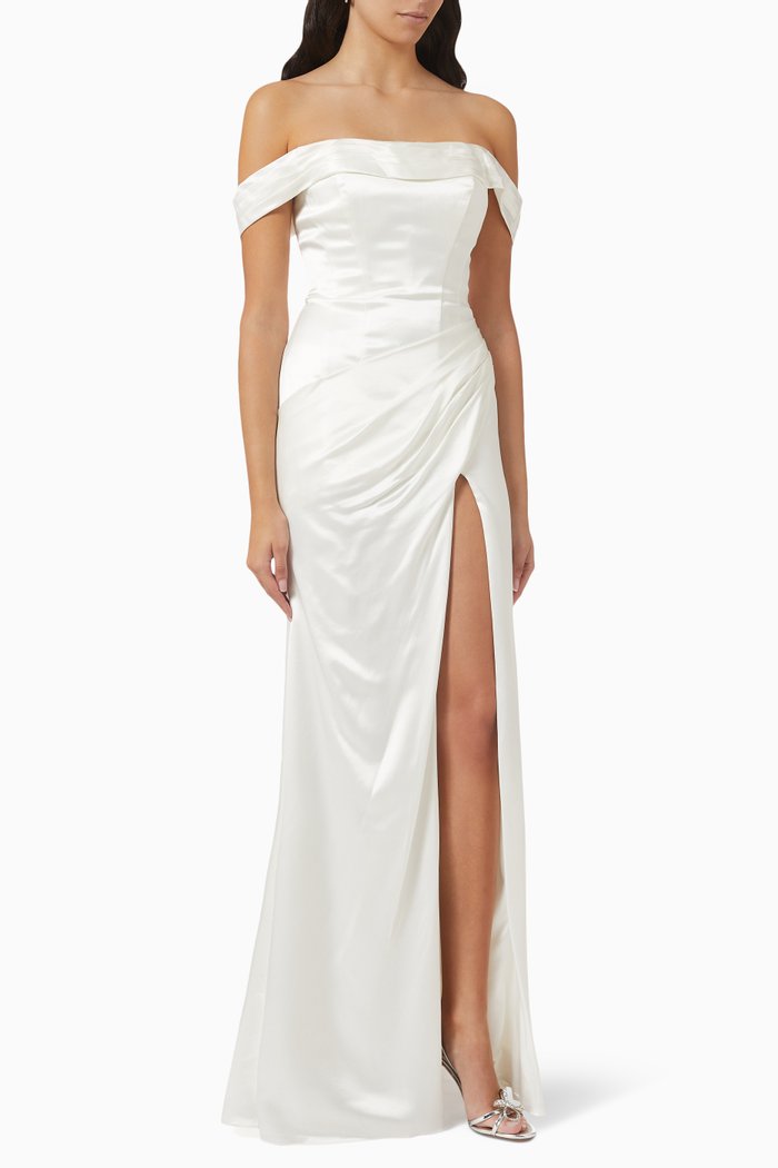 

Off-shoulder Slit Gown in Satin, Neutral