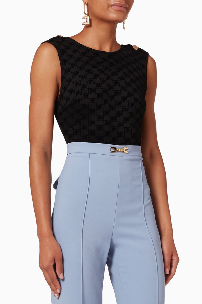 

Sleevless Crew Neck Bodysuit in Flocked Jersey, Black