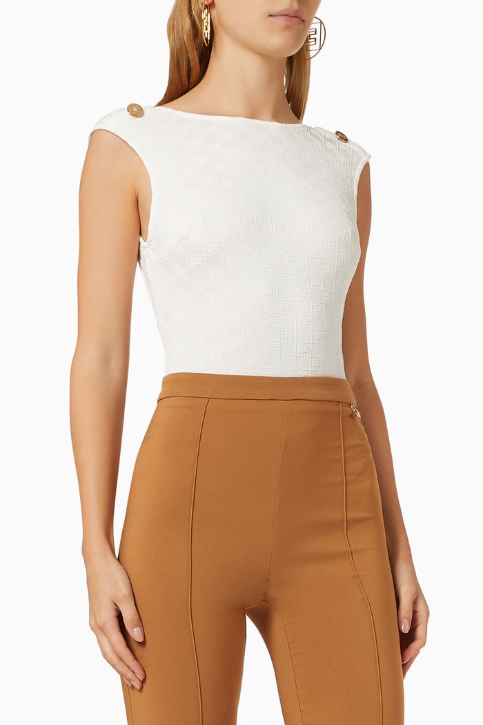 

Sleevless Crew Neck Bodysuit in Flocked Jersey, White