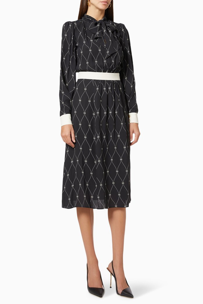 

Midi Dress with Scarf Collar in Printed Double-layer Viscose Georgette, Black
