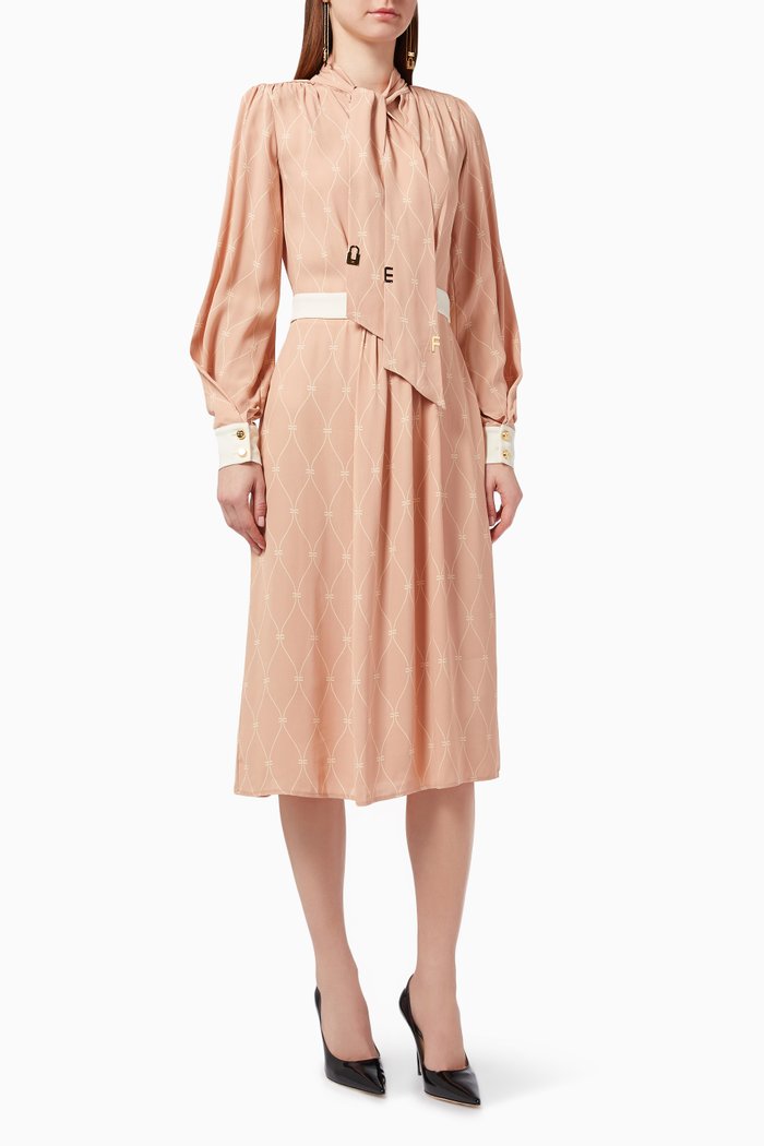 

Midi Dress with Scarf Collar in Printed Double-layer Viscose Georgette, Brown