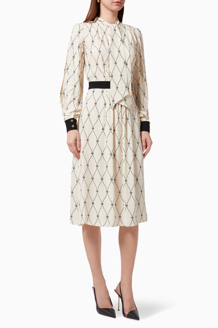 

Midi Dress with Scarf Collar in Printed Double-layer Viscose Georgette, Neutral