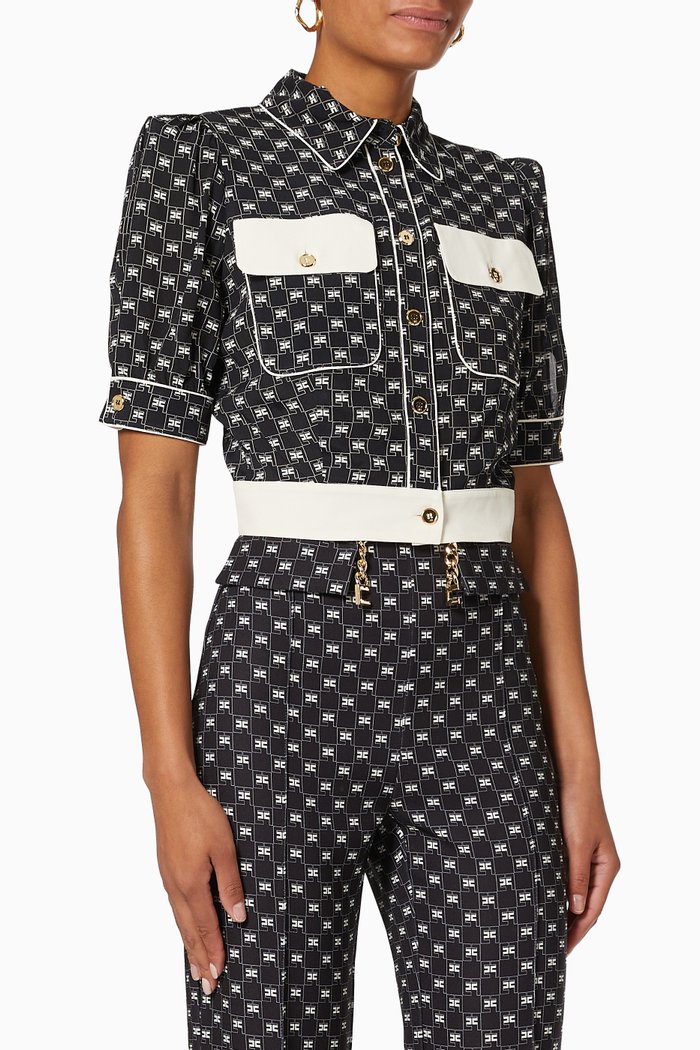 

Cropped Blouse in Lettering Print Georgette, Black
