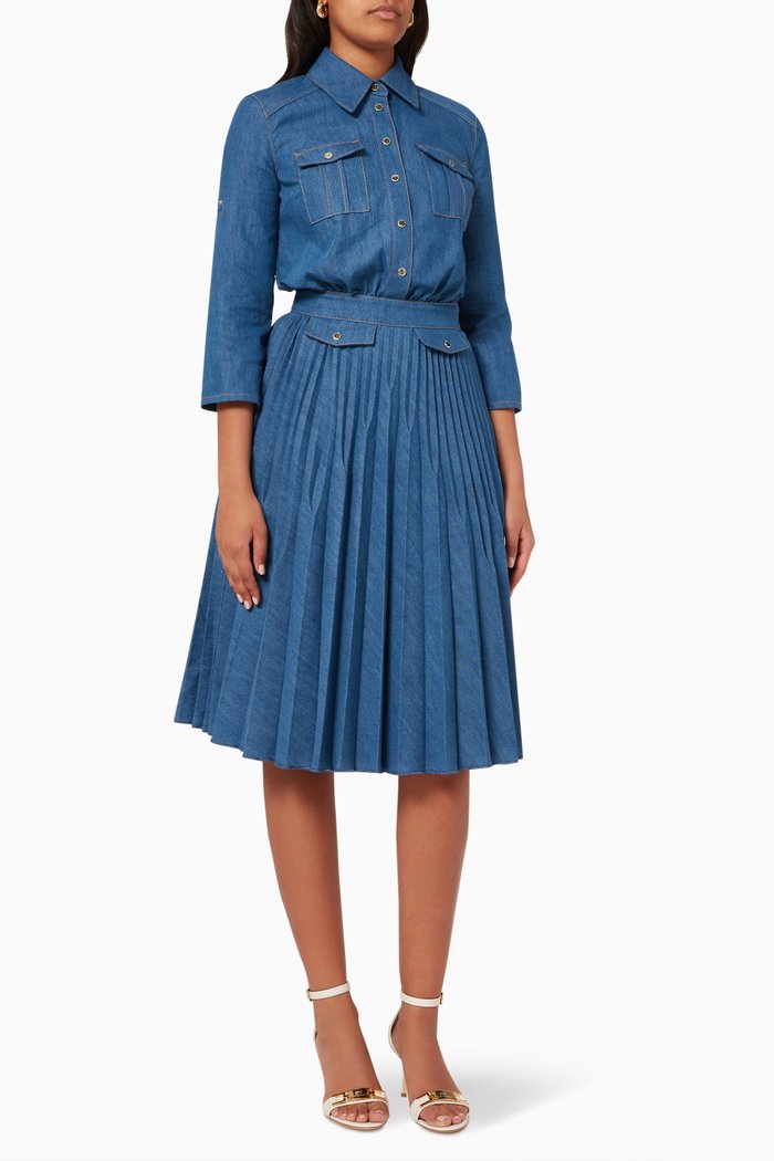 

Pleated Shirt Dress in Denim, Blue