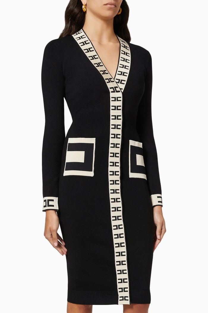 

Jacquard Logo Cardigan Dress in Viscose Knit, Black
