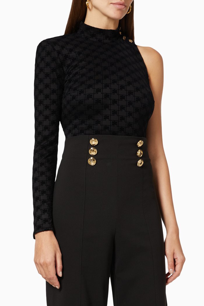 

One-sleeve Bodysuit in Flocked Viscose Jersey, Black