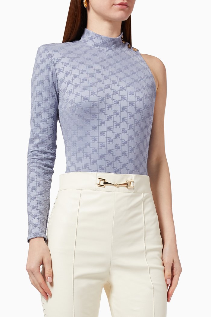 

One-sleeve Bodysuit in Flocked Viscose Jersey, Purple