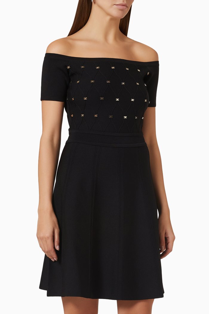 

Bare Shoulder Short Dress in Viscose Knit, Black