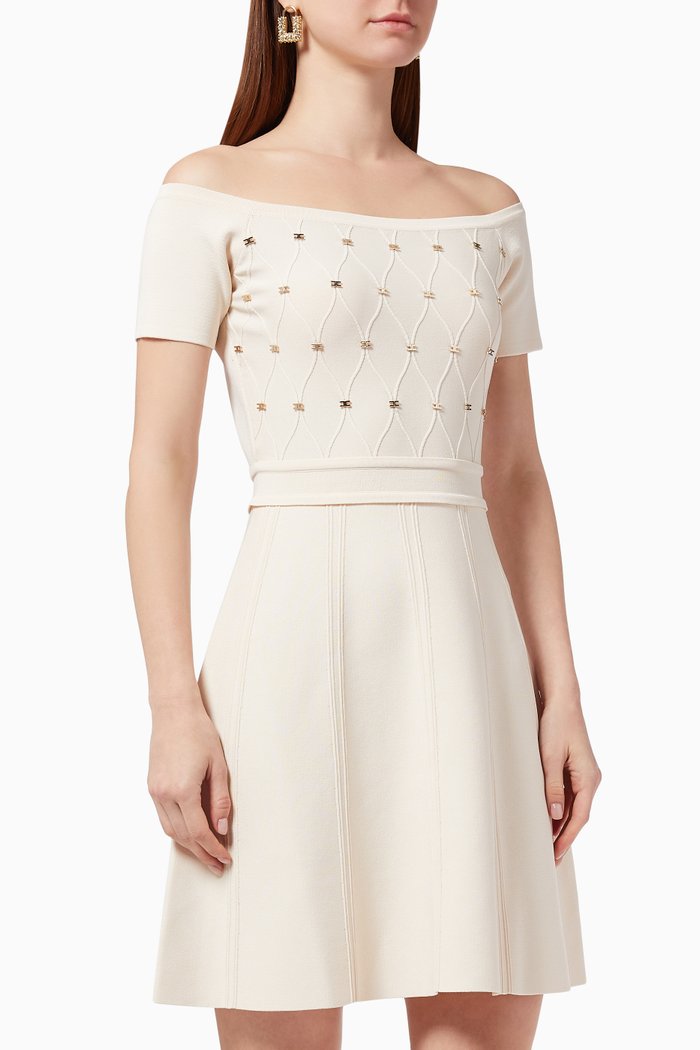 Bare Shoulder Short Dress in Viscose Knit, Neutral
