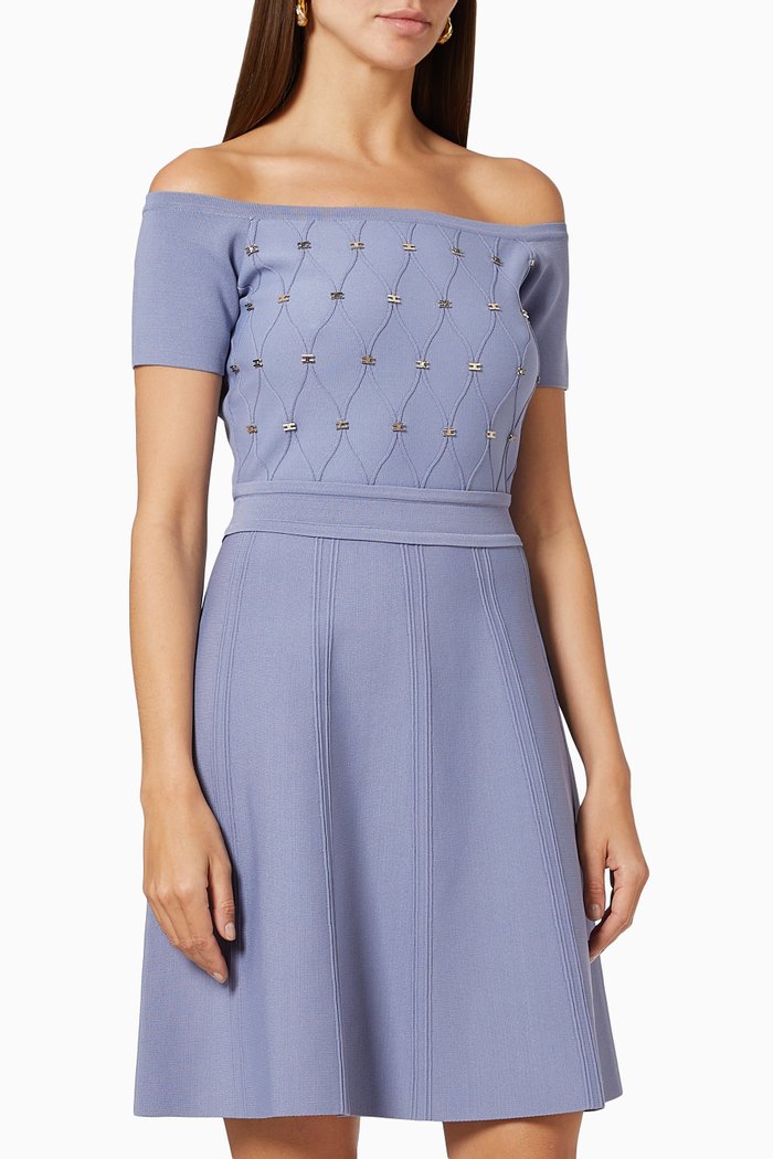 

Bare Shoulder Short Dress in Viscose Knit, Purple