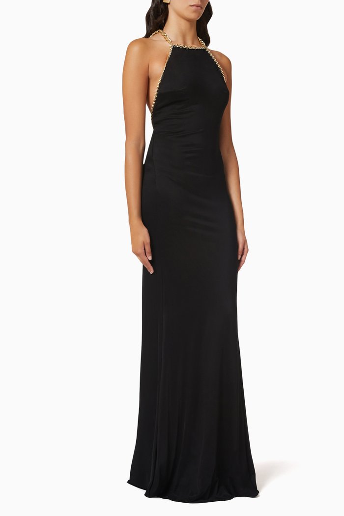 

Gown with Chain Trim in Viscose Jersey, Black