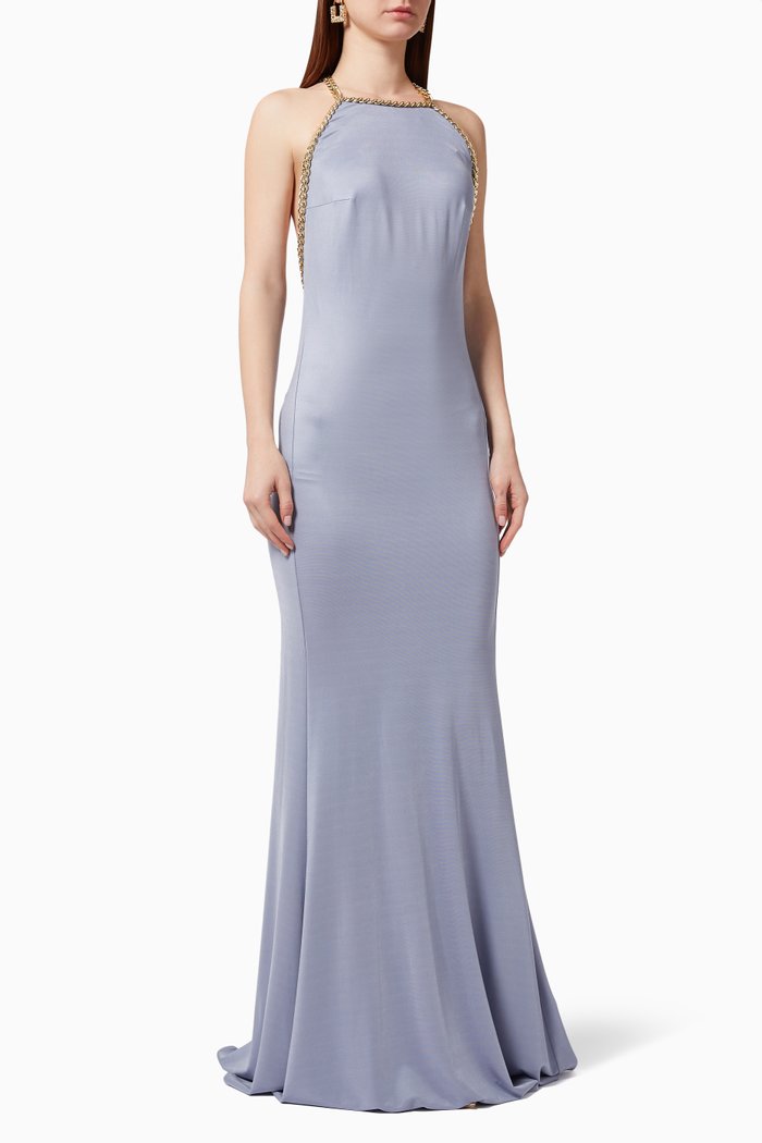 

Gown with Chain Trim in Viscose Jersey, Blue