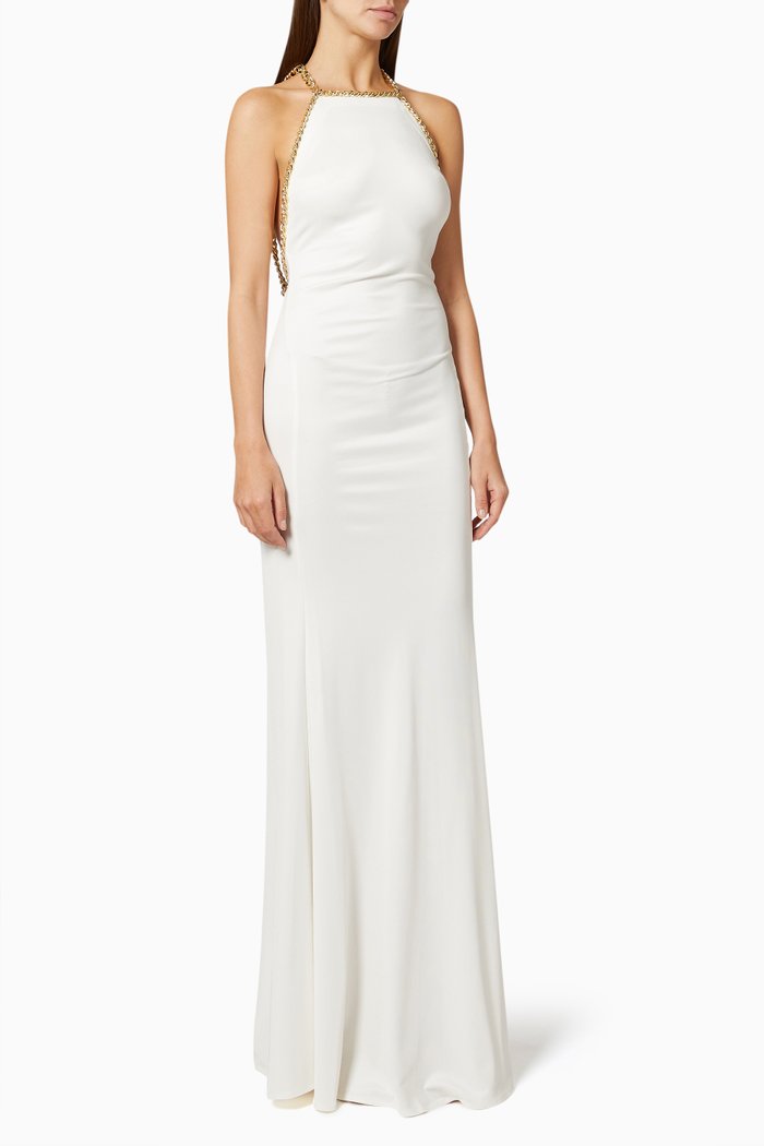 

Gown with Chain Trim in Viscose Jersey, White