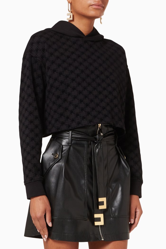 

Crop Hooded Sweatshirt in Cotton-blend Fleece, Black