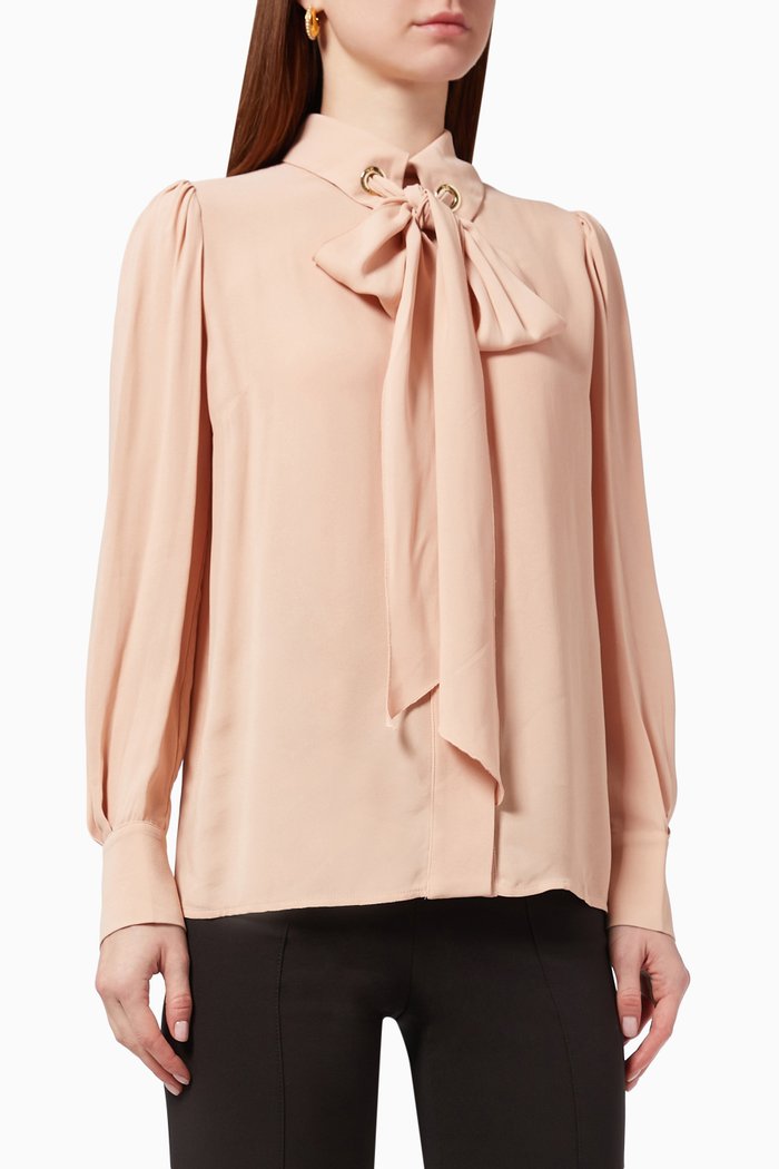 Blouse with Bow in Georgette Fabric, Neutral