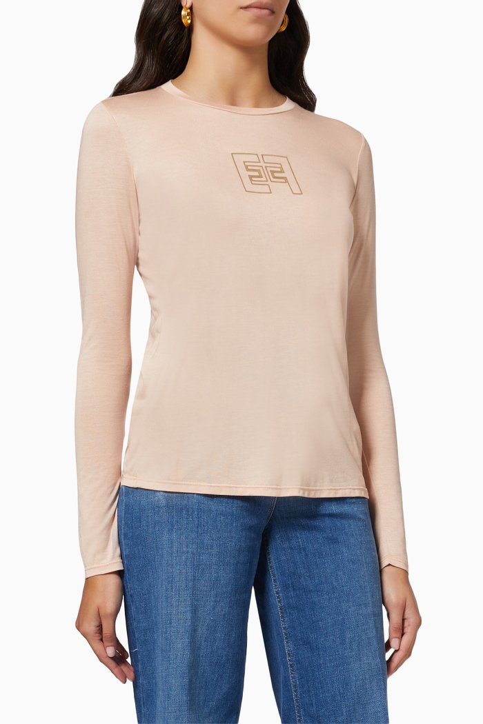 

Logo Print Long Sleeve T-shirt in Modal Jersey, Brown