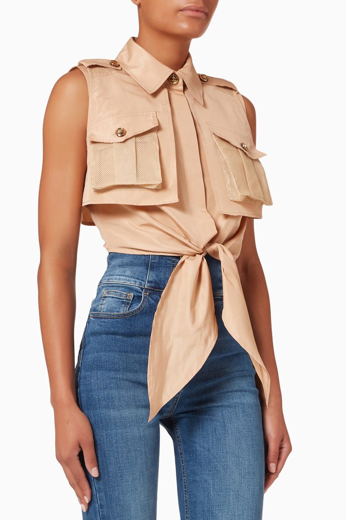 

Sleeveless Tie-waist Shirt in Ottoman Fabric, Brown