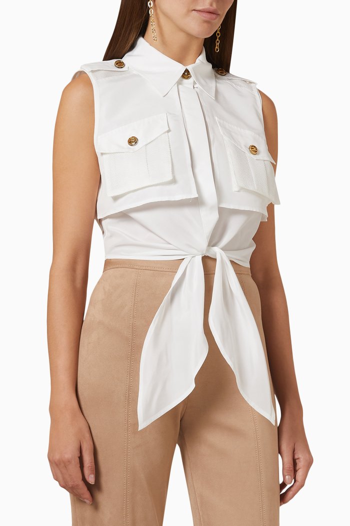 

Sleeveless Tie Up Shirt in Ottoman Fabric, White
