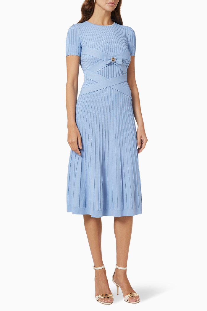 

Ribbed Dress with Crossover Bands, Blue